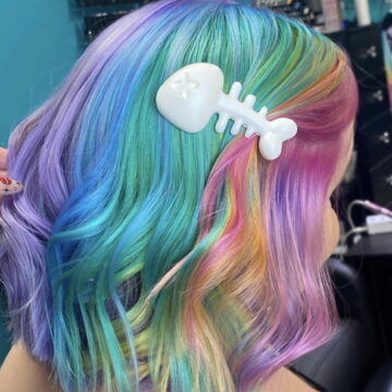 Rainbow Hair with Waves and a Hairclip